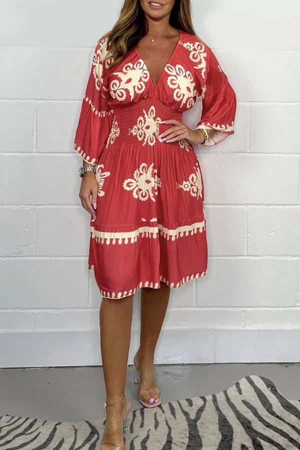 Tansy - Stylish Printed Women's Dress with V-neck and Flared Sleeves