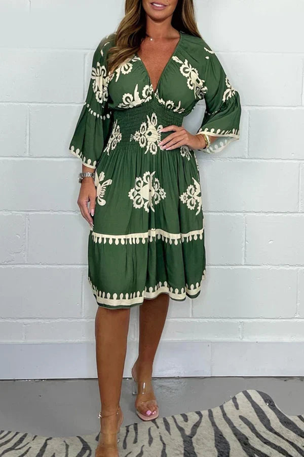 Tansy - Stylish Printed Women's Dress with V-neck and Flared Sleeves
