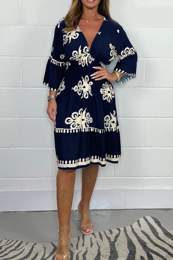 Tansy - Stylish Printed Women's Dress with V-neck and Flared Sleeves