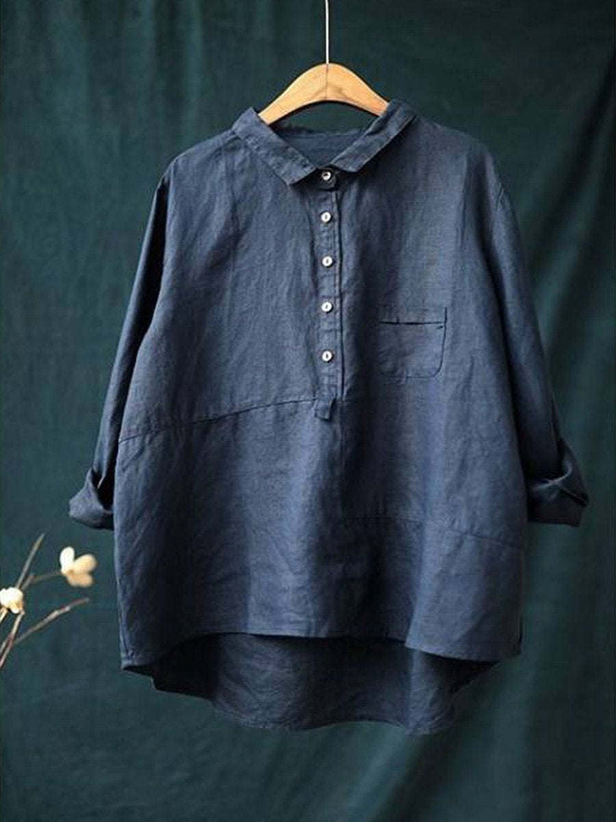 Colleen- Casual Women's Lapel Neck Long Sleeve Shirt in Solid Cotton and Linen