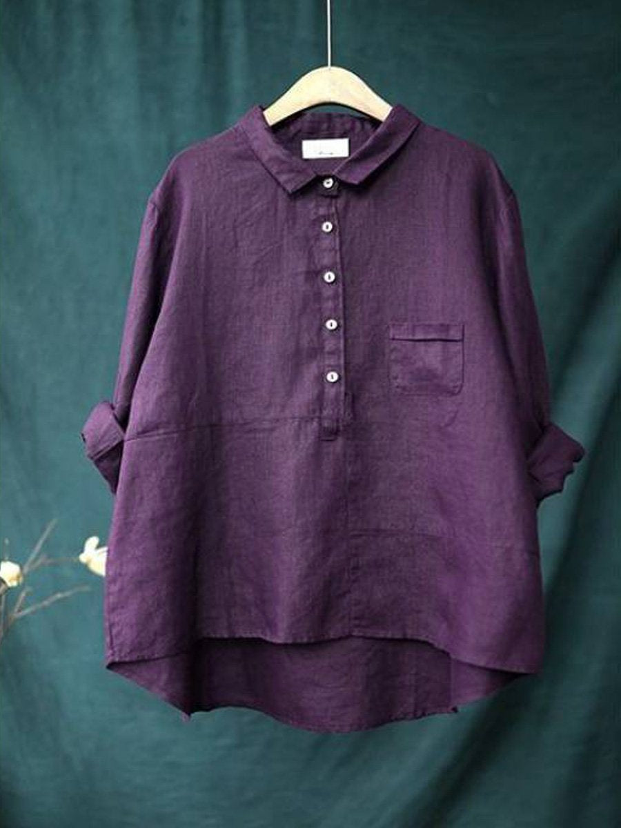 Colleen- Casual Women's Lapel Neck Long Sleeve Shirt in Solid Cotton and Linen