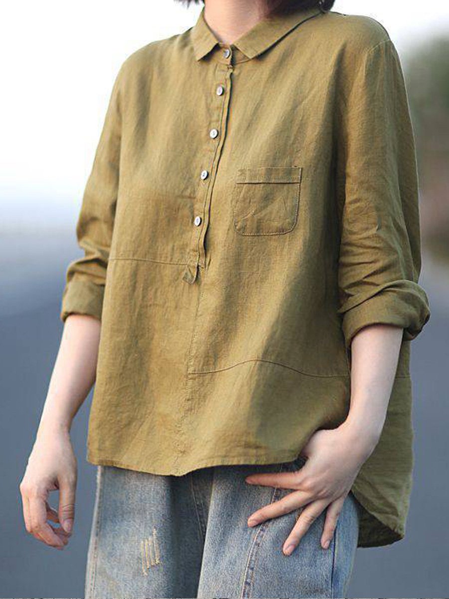 Colleen- Casual Women's Lapel Neck Long Sleeve Shirt in Solid Cotton and Linen