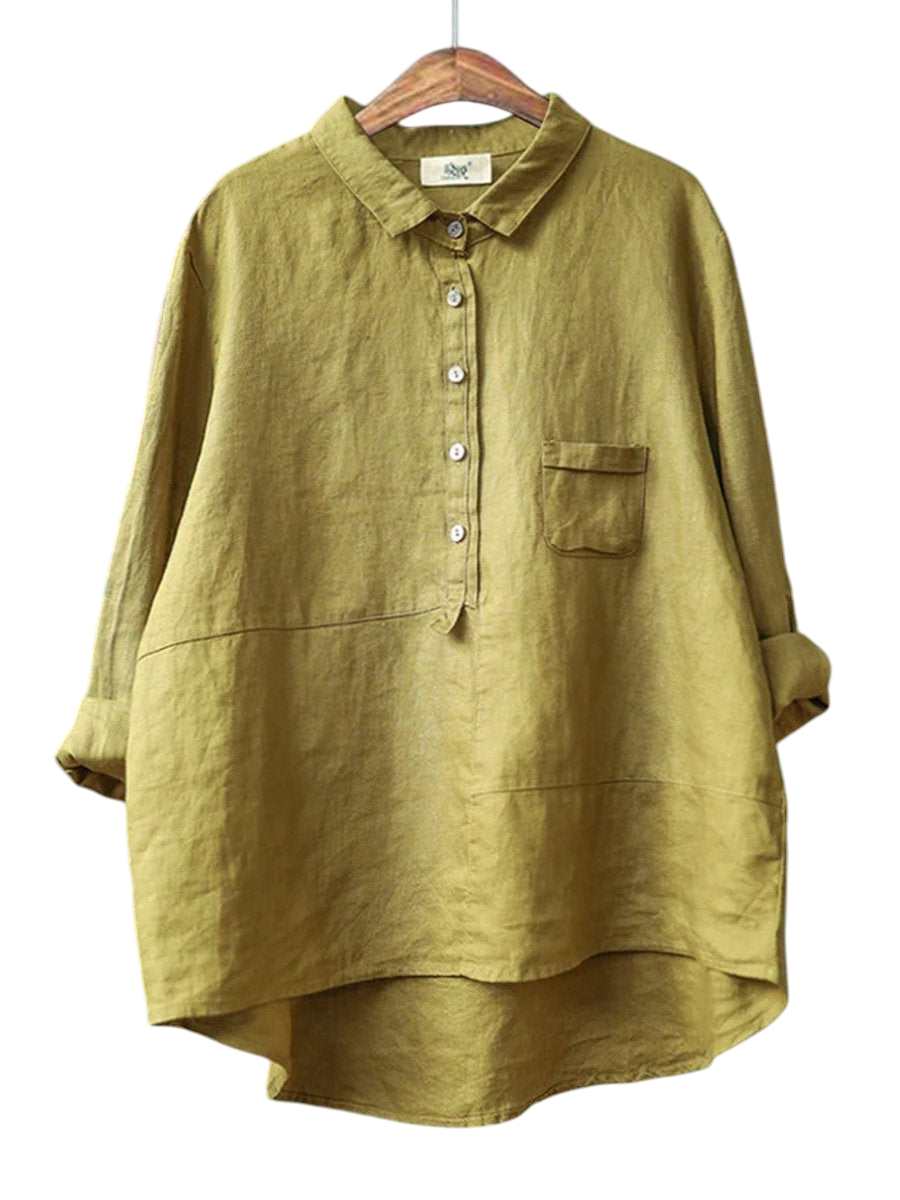 Colleen- Casual Women's Lapel Neck Long Sleeve Shirt in Solid Cotton and Linen
