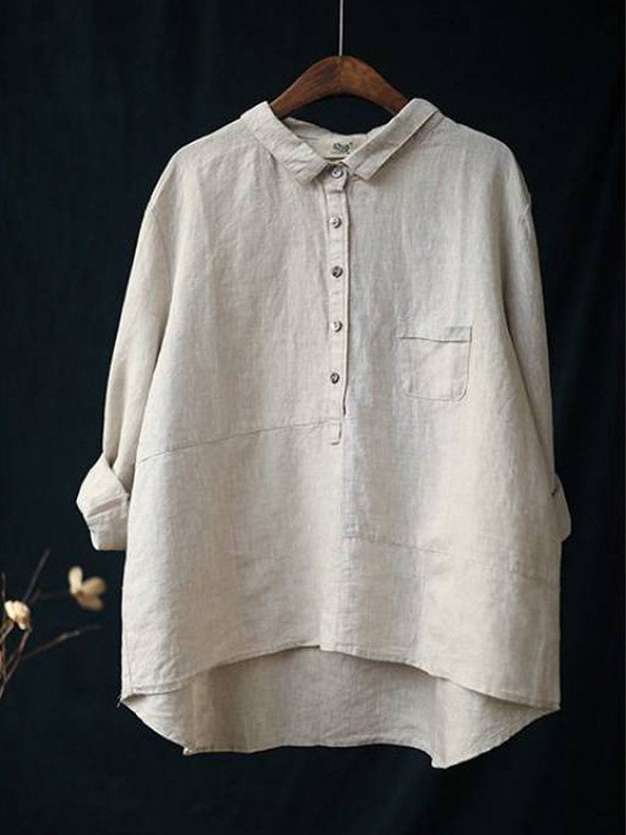 Colleen- Casual Women's Lapel Neck Long Sleeve Shirt in Solid Cotton and Linen