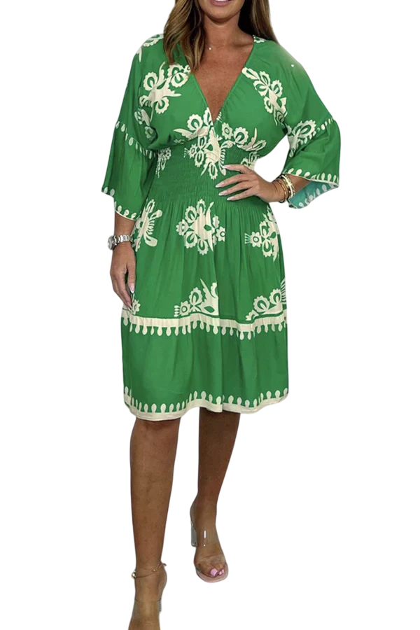 Tansy - Stylish Printed Women's Dress with V-neck and Flared Sleeves