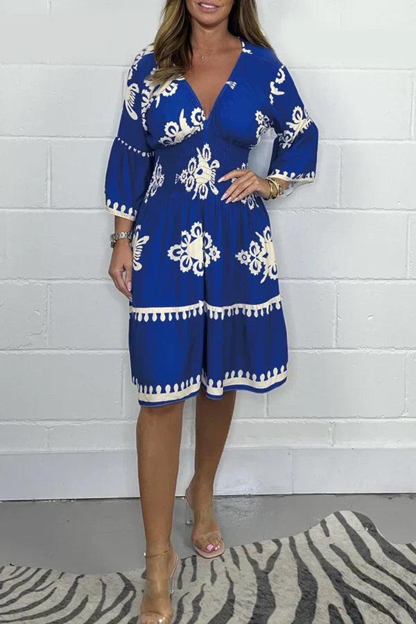 Tansy - Stylish Printed Women's Dress with V-neck and Flared Sleeves