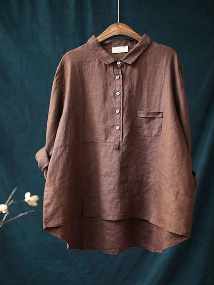 Colleen- Casual Women's Lapel Neck Long Sleeve Shirt in Solid Cotton and Linen
