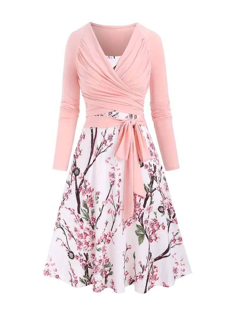 Arabesque - Elegant Women's 2-Piece Dress with Floral Design and V-Neck