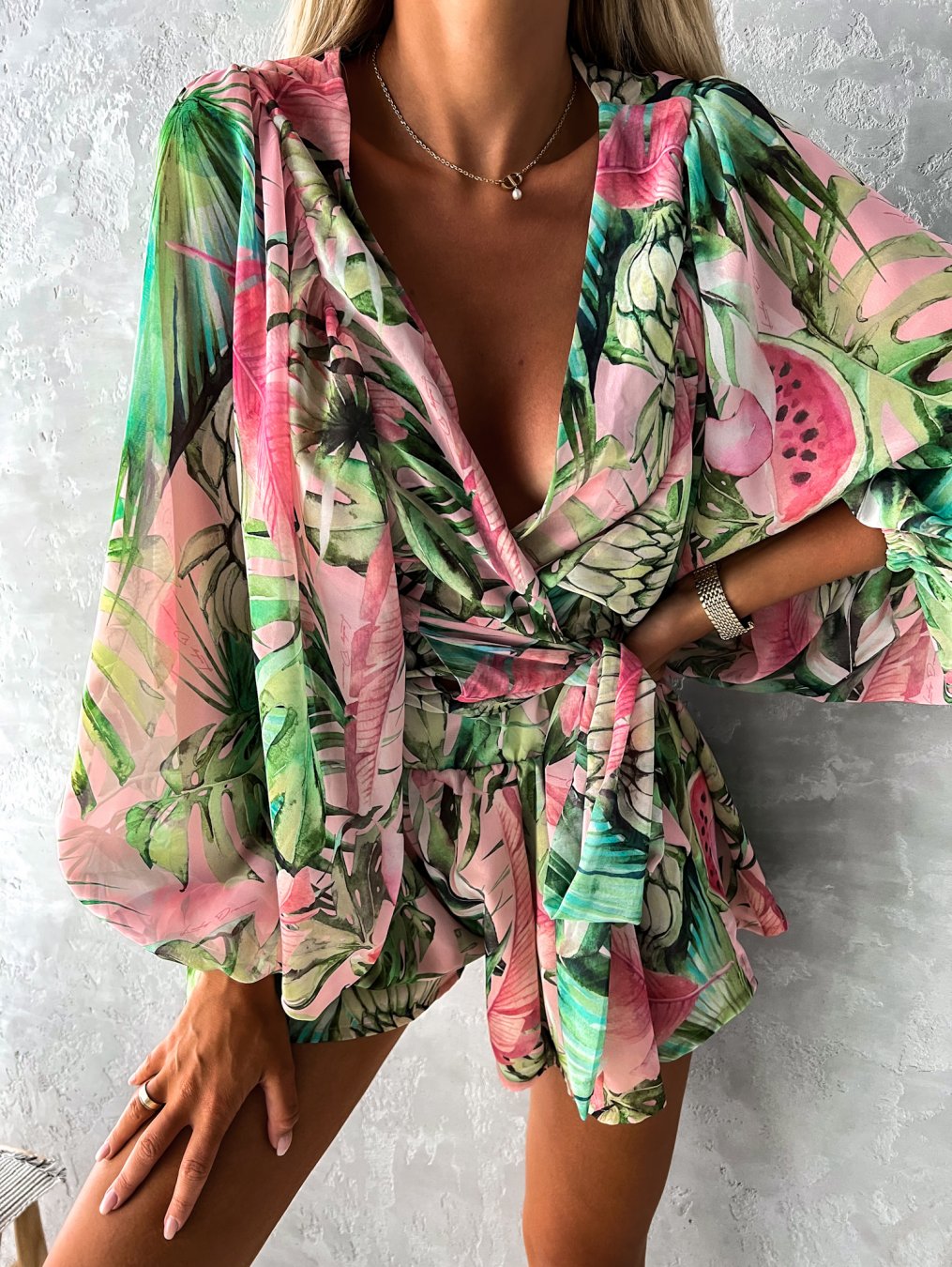 Alayna - Stylish Women's Beach Play Dress with Deep V-neck and Lantern Sleeves