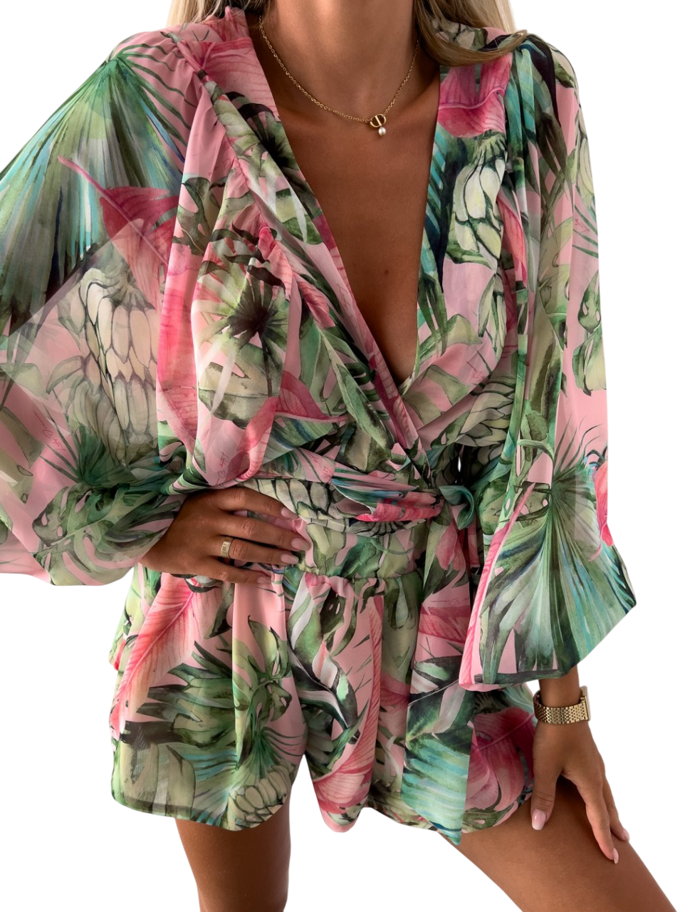 Alayna - Stylish Women's Beach Play Dress with Deep V-neck and Lantern Sleeves