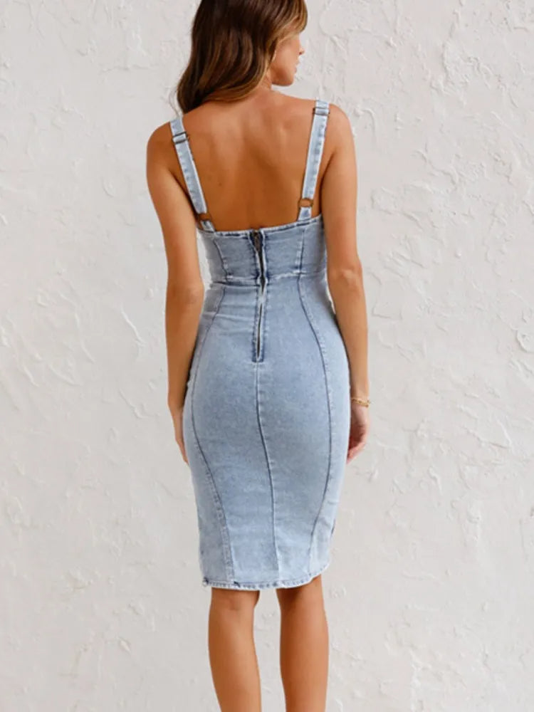 Beryl - Chic Denim Dress with Adjustable Straps and Side Slit