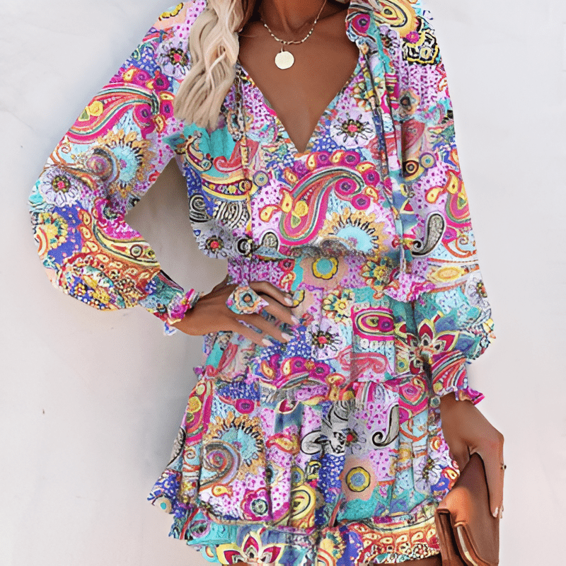Saskia - Striking Chiffon Mini Dress with Vibrant Patterns