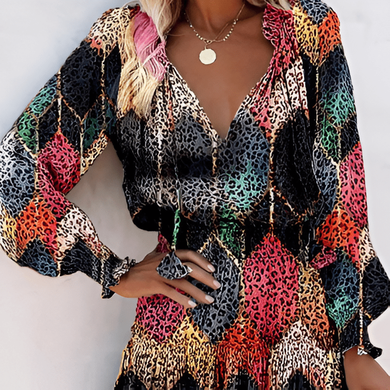 Saskia - Striking Chiffon Mini Dress with Vibrant Patterns