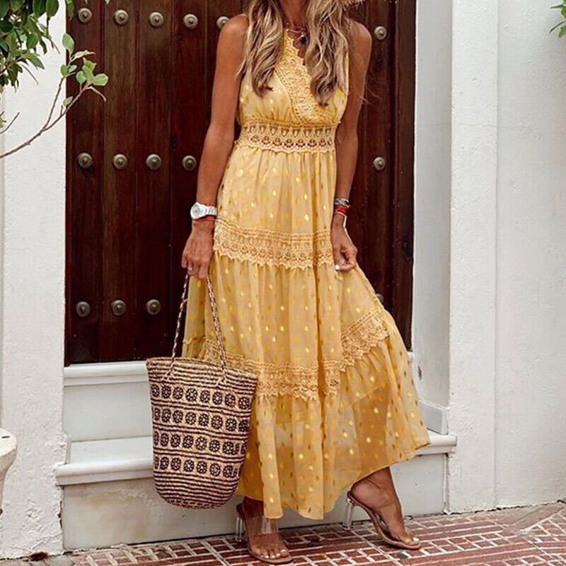 Walburga - Boho Lace Maxi Dress with Vintage Flair and Flowing Cut