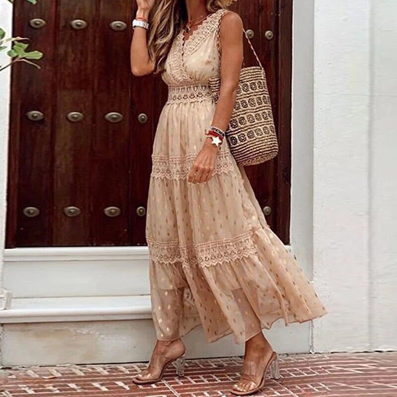 Walburga - Boho Lace Maxi Dress with Vintage Flair and Flowing Cut