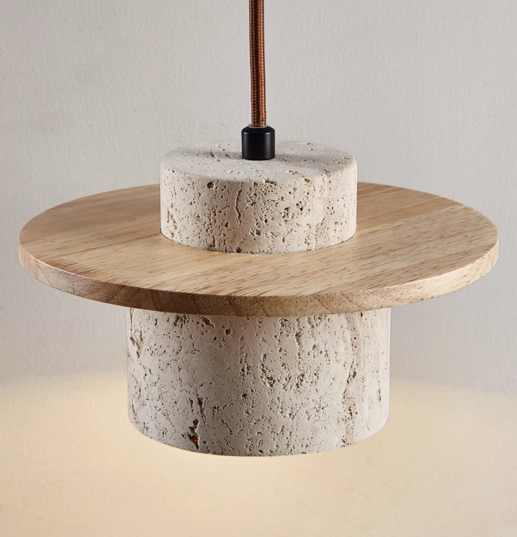 Elvora - Travertine Pendant Lamp Natural Stone With Wood Ring Design