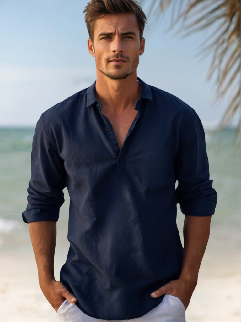 Terrence - Mens Open Collar Summer Shirt Linen Blend Casual