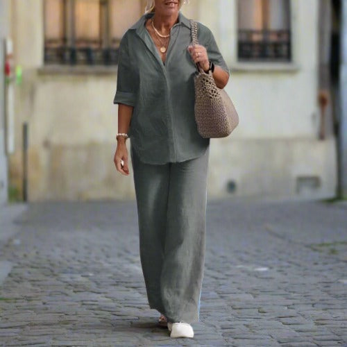 Paulina - Linen Two Piece Set With Collared Shirt Wide Pants