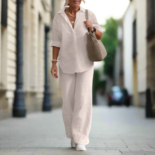 Paulina - Linen Two Piece Set With Collared Shirt Wide Pants