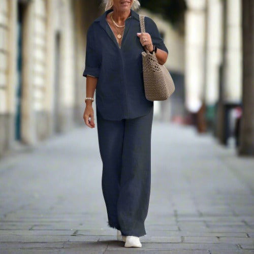 Paulina - Linen Two Piece Set With Collared Shirt Wide Pants