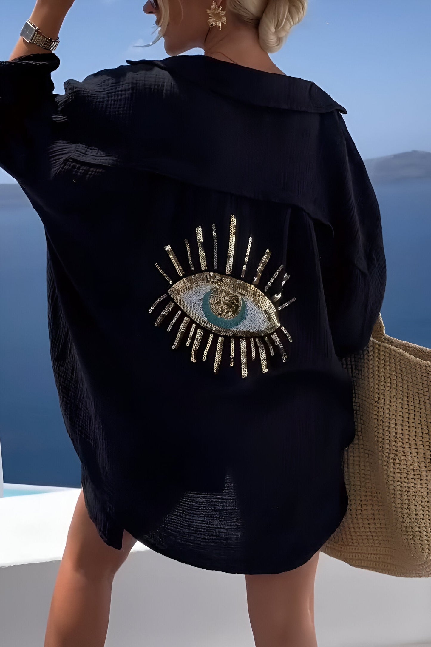 Coralyn - Stylish Evil Eye Beaded Polo Button Down Shirt in Cotton