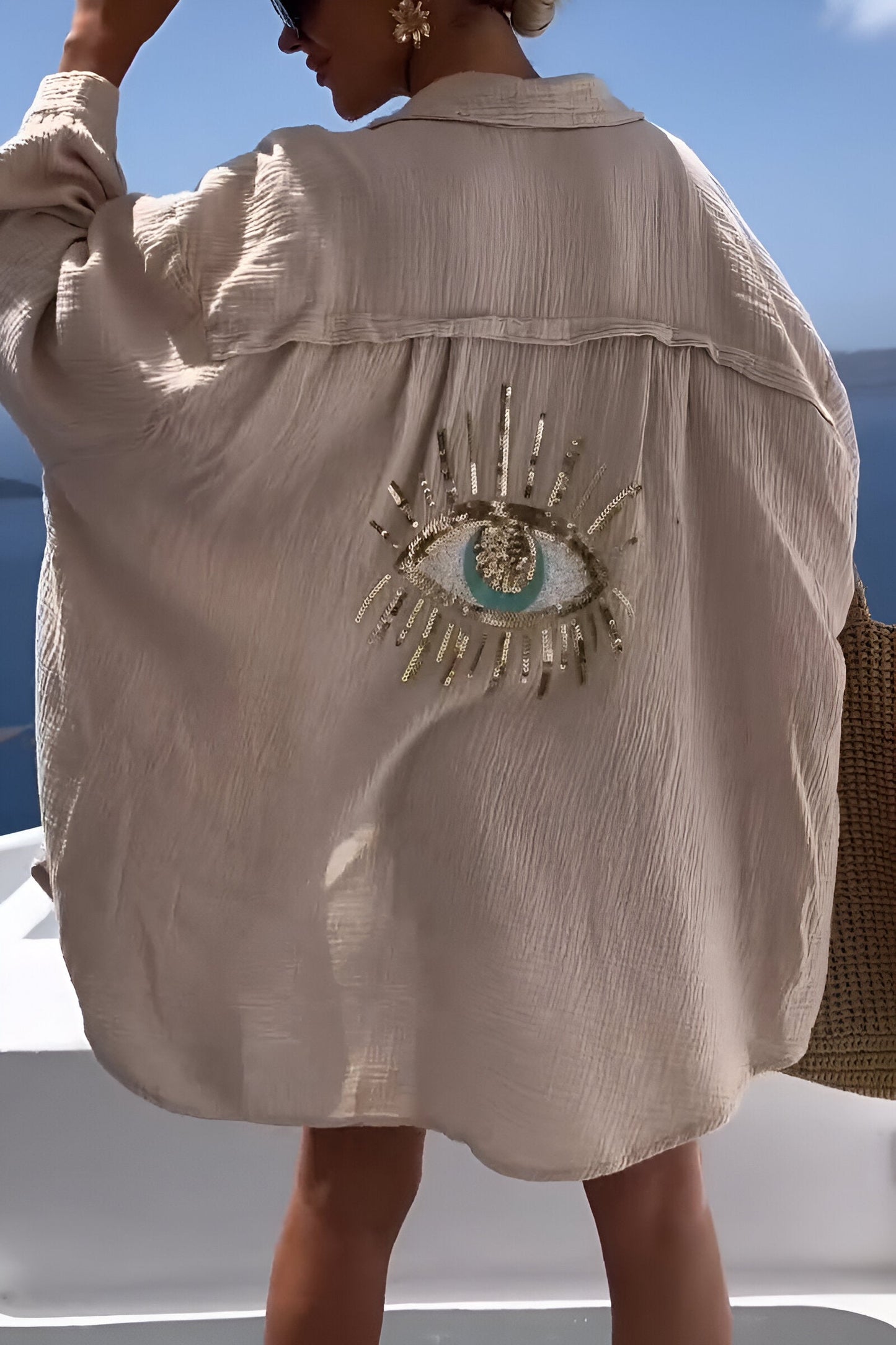 Coralyn - Stylish Evil Eye Beaded Polo Button Down Shirt in Cotton