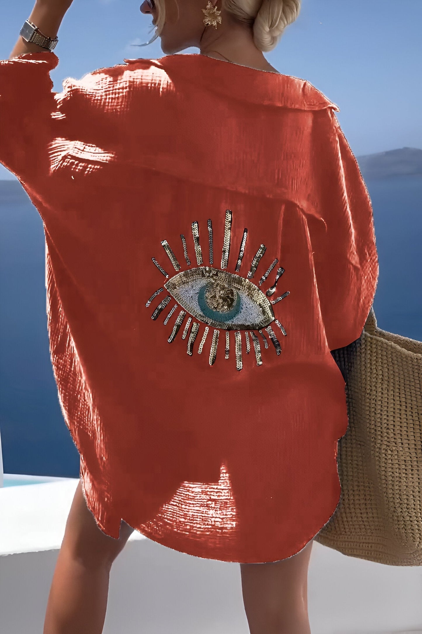 Coralyn - Stylish Evil Eye Beaded Polo Button Down Shirt in Cotton