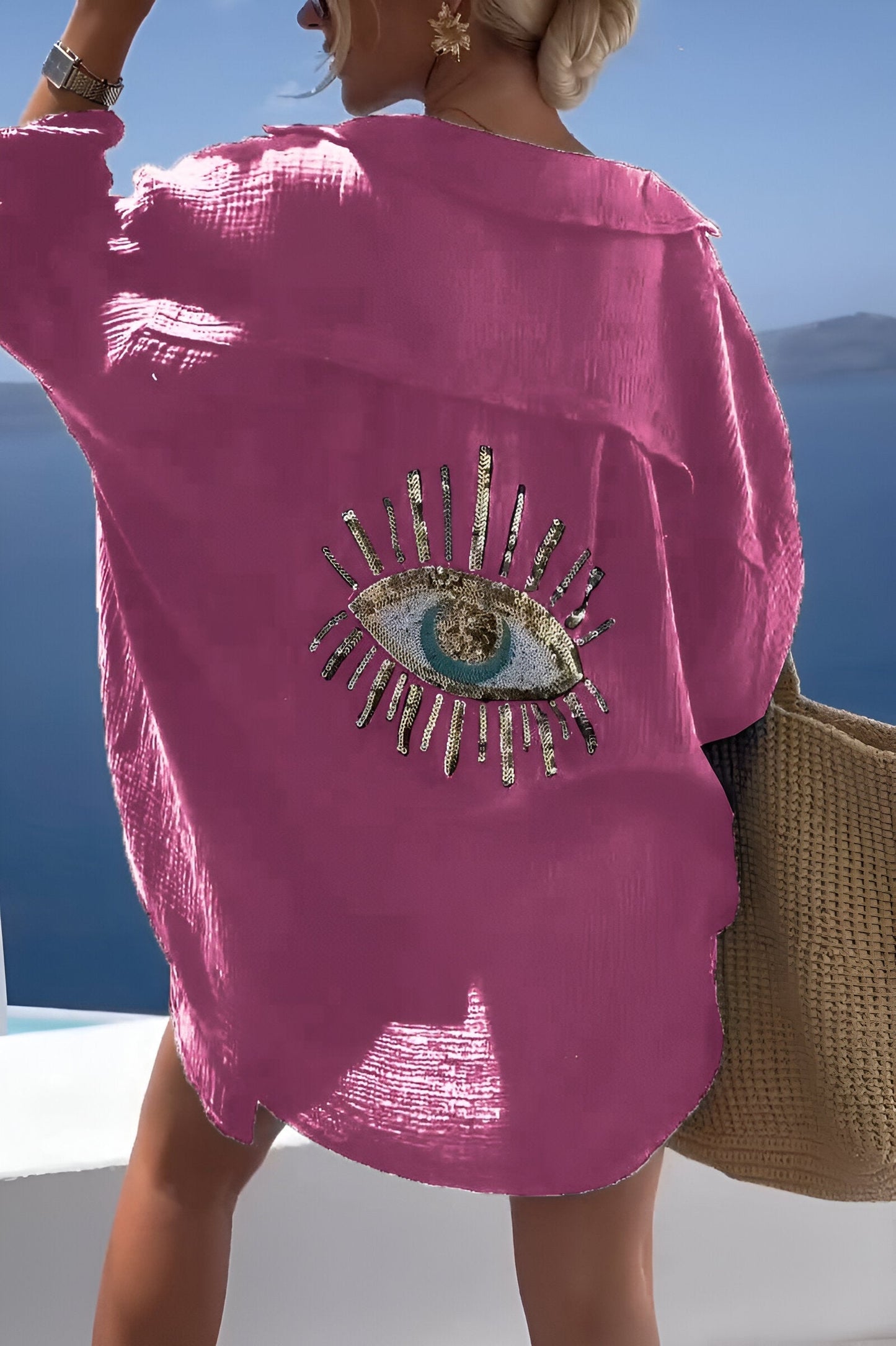 Coralyn - Stylish Evil Eye Beaded Polo Button Down Shirt in Cotton