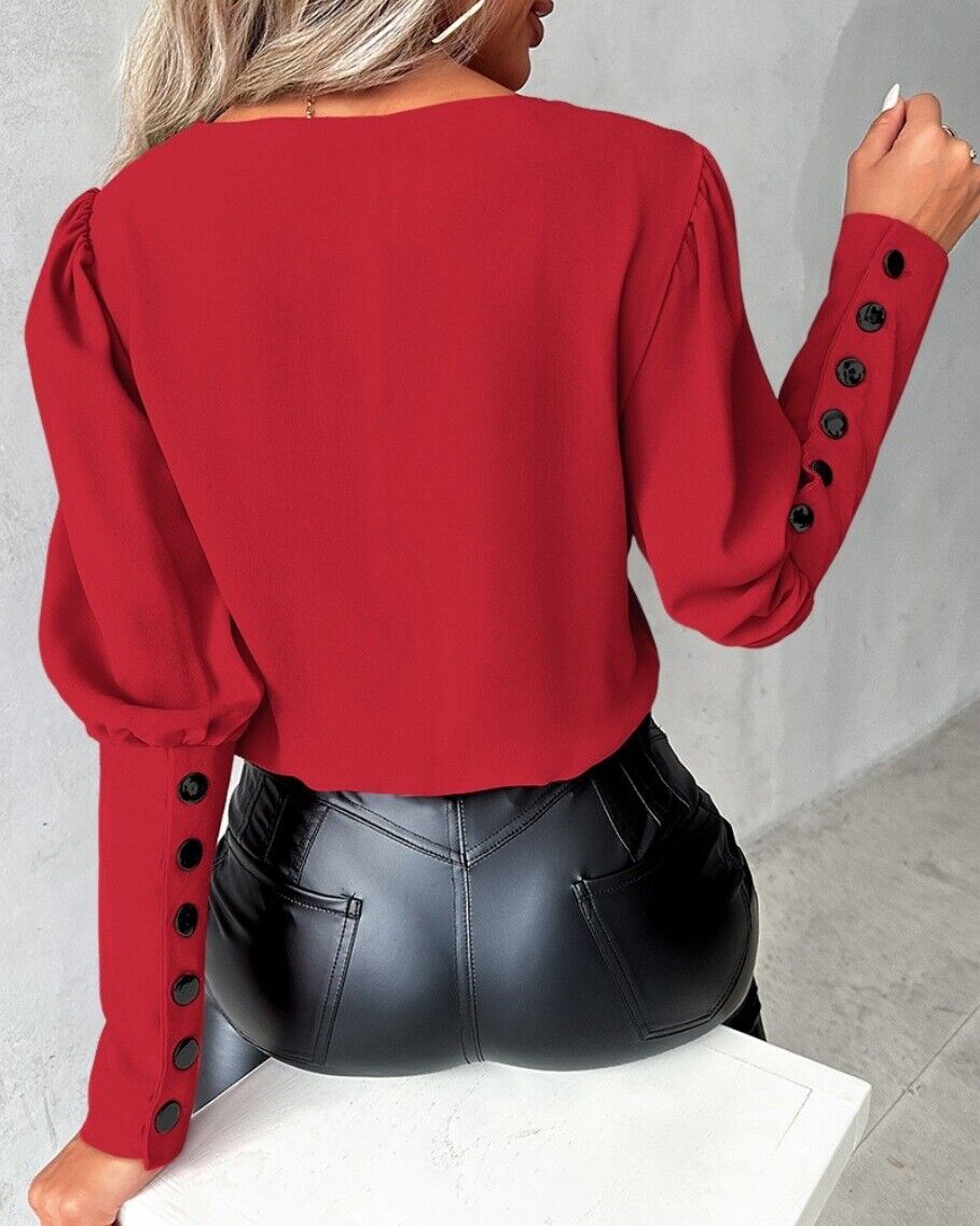 Vespera - Stylish Women's Blouse with Buttoned Sleeves and V-neck Design