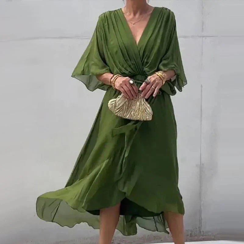 Aisha - Elegant Women's Summer Dress with V-neck and Waist Belt