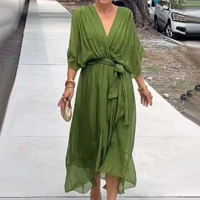 Aisha - Elegant Women's Summer Dress with V-neck and Waist Belt