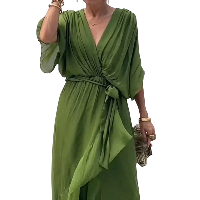 Aisha - Elegant Women's Summer Dress with V-neck and Waist Belt