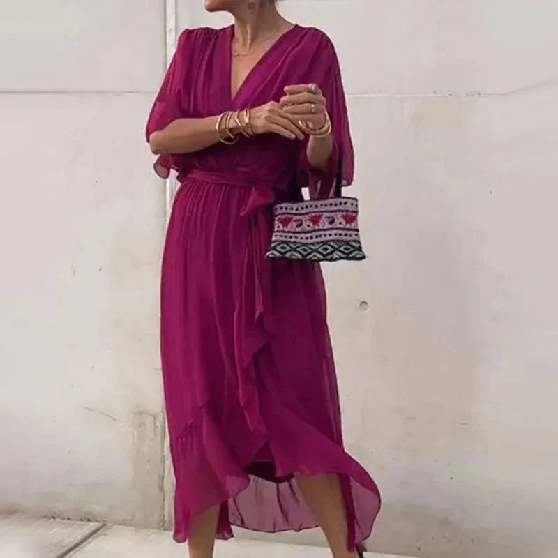 Aisha - Elegant Women's Summer Dress with V-neck and Waist Belt