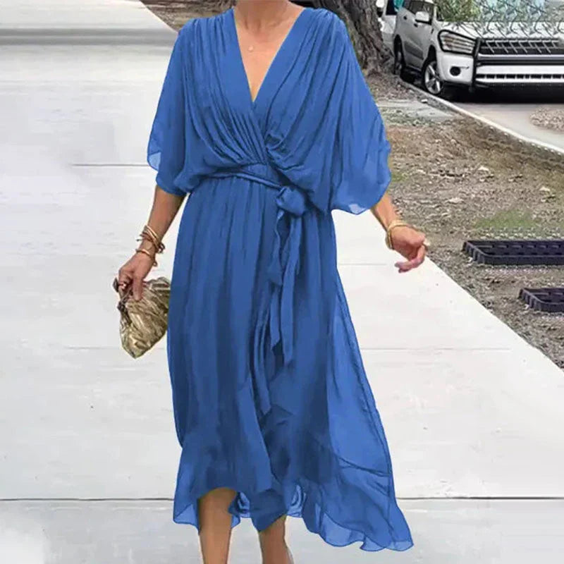 Aisha - Elegant Women's Summer Dress with V-neck and Waist Belt