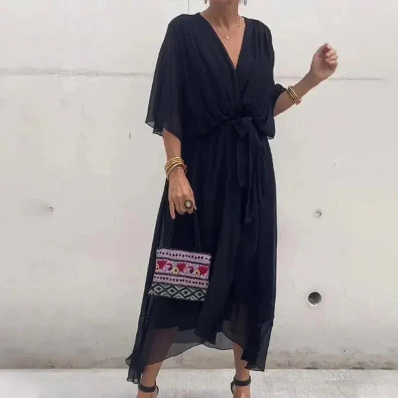 Aisha - Elegant Women's Summer Dress with V-neck and Waist Belt