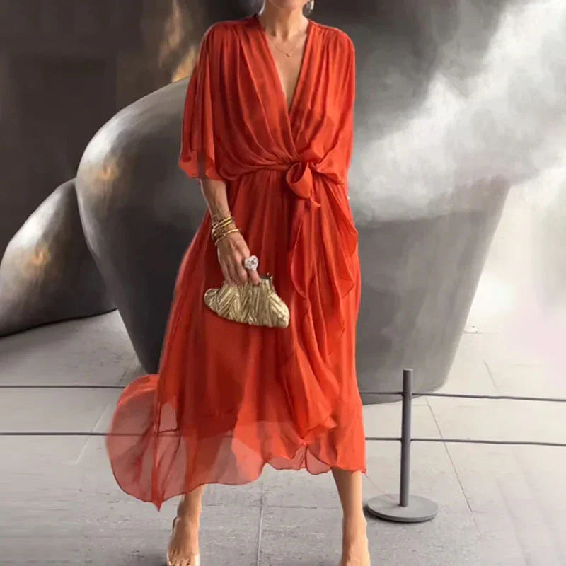 Aisha - Elegant Women's Summer Dress with V-neck and Waist Belt