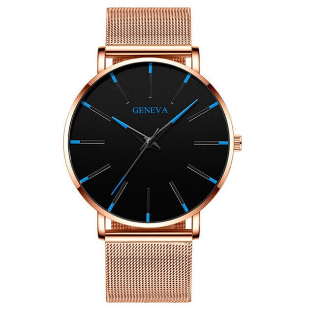 Roman - Geneva Ultra Slim Men Wristwatch Mesh Band Black Dial