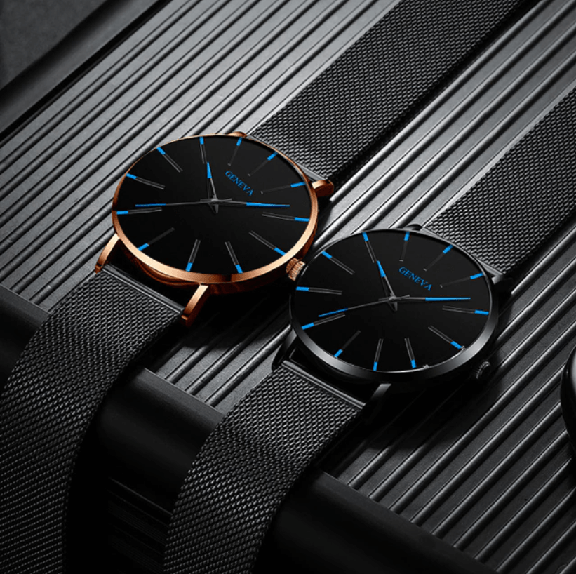 Roman - Geneva Ultra Slim Men Wristwatch Mesh Band Black Dial