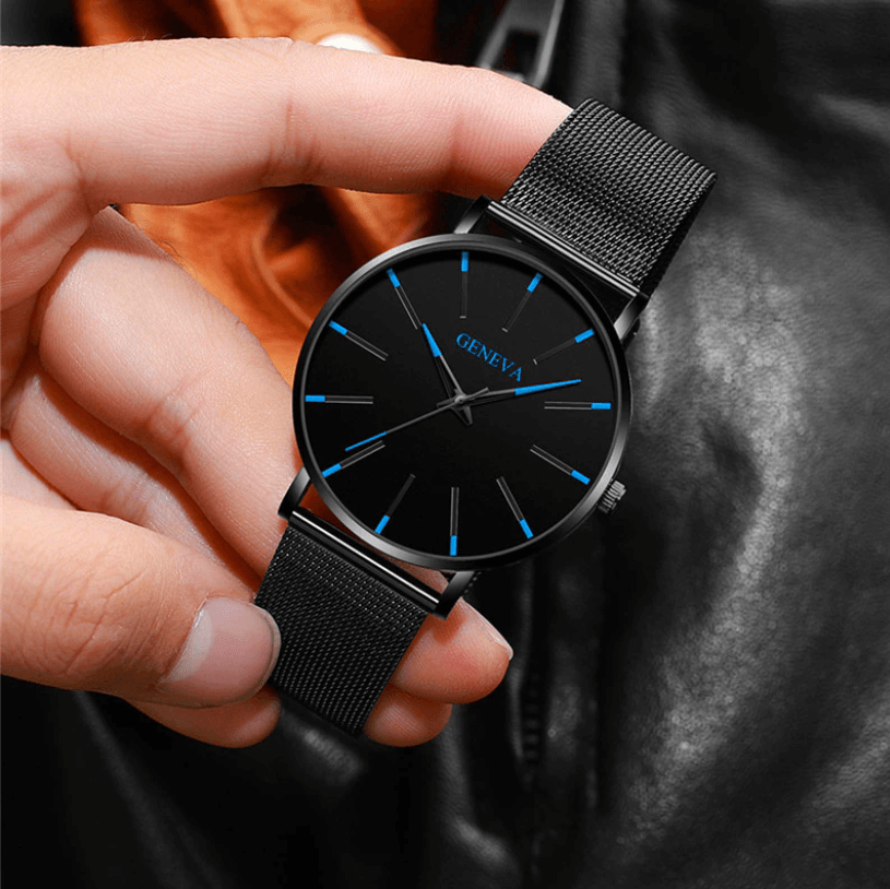 Roman - Geneva Ultra Slim Men Wristwatch Mesh Band Black Dial