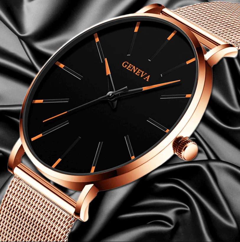 Roman - Geneva Ultra Slim Men Wristwatch Mesh Band Black Dial