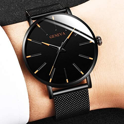 Roman - Geneva Ultra Slim Men Wristwatch Mesh Band Black Dial