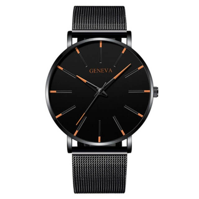 Roman - Geneva Ultra Slim Men Wristwatch Mesh Band Black Dial