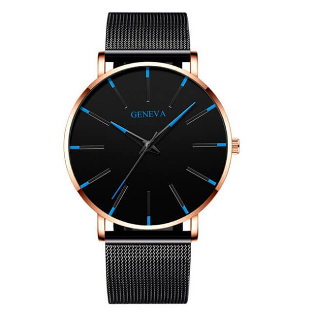 Roman - Geneva Ultra Slim Men Wristwatch Mesh Band Black Dial