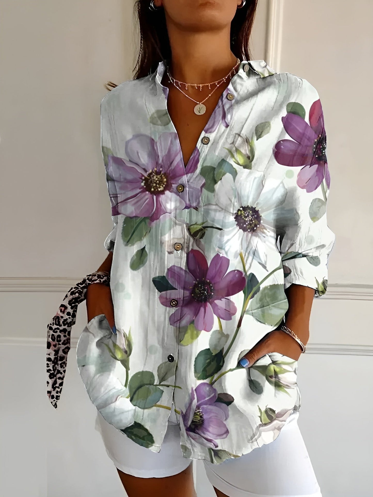 Océane - Effortless Floral Breeze Button-Up Shirt for Elegant Style