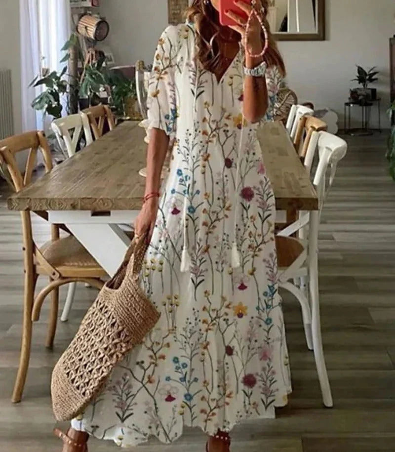Ruan - Cozy Women's Maxi Dress with Chic V-neck and Festive Flair