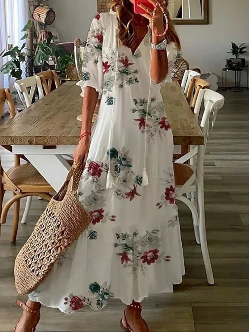 Ruan - Cozy Women's Maxi Dress with Chic V-neck and Festive Flair