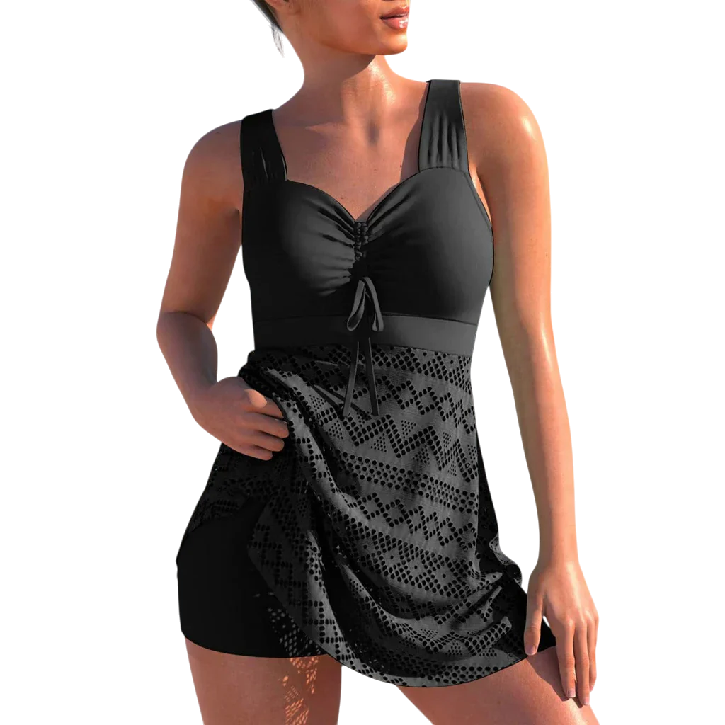 Jaylin - Elegant Black One Piece Swimsuit With Skirt Overlay