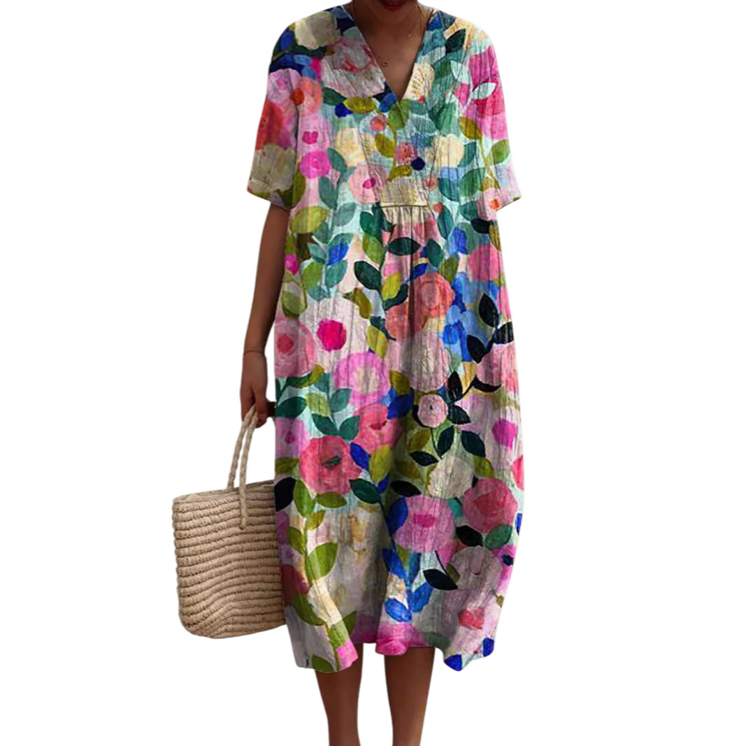 Bailey - Vibrant Floral Summer Dress with Relaxed Fit and V-neck