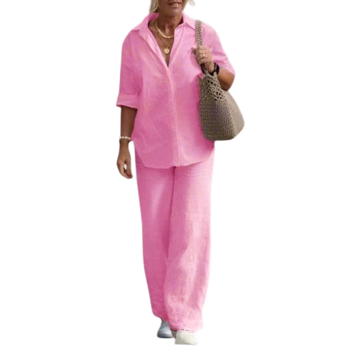 Paulina - Linen Two Piece Set With Collared Shirt Wide Pants