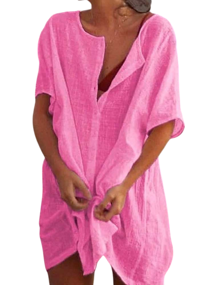 Shauna - Vibrant Pink Linen Tunic Lightweight Beach Coverup